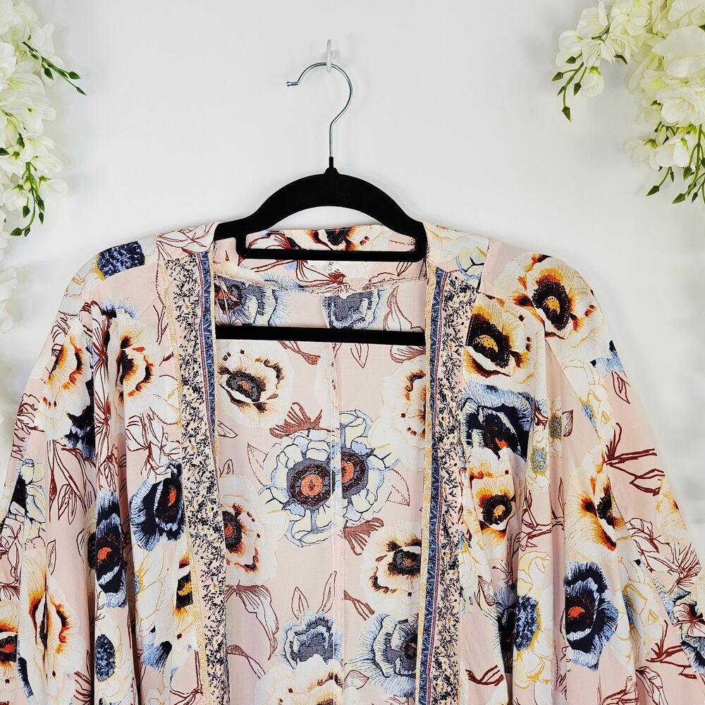 Maurices Pink Floral Peasant Sleeve Kimono XL Large Boho Spring Cover Up Cottage - Picture 6 of 13